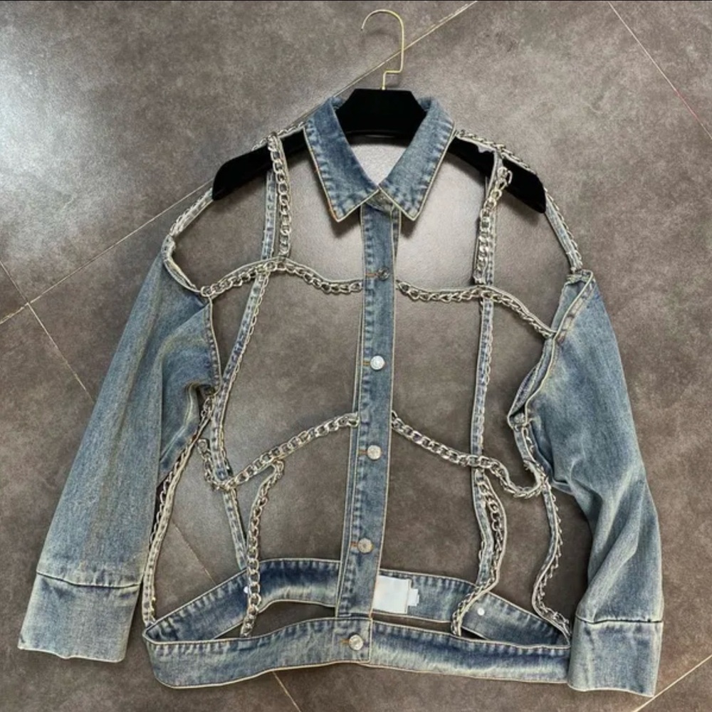 NWOT Denim Chain Cutout Button-Up Jacket - Light Blue